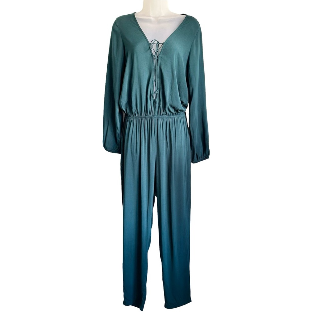 Forever 21 Women’s Forest Green Lace Up V-Neck Long Sleeve Jumpsuit Size Medium